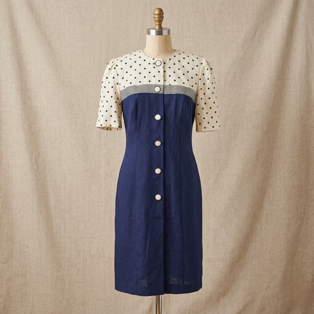 Vintage 1990s Damon Petite Navy and White Polka Dot Dress | Women's 10